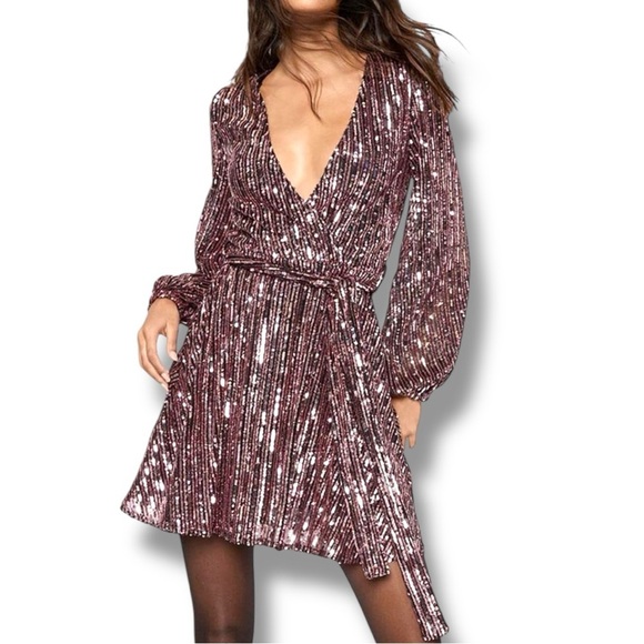 Bardot Revolve NWT Deep V Sequin Tie Waist Long Sleeve Mini Dress XS - Picture 1 of 3